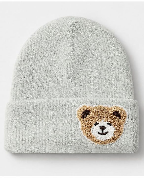 Babyhug Knit Solid Woollen Cap with Bear Embroidered Applique Light Blue - Diameter 15 cm