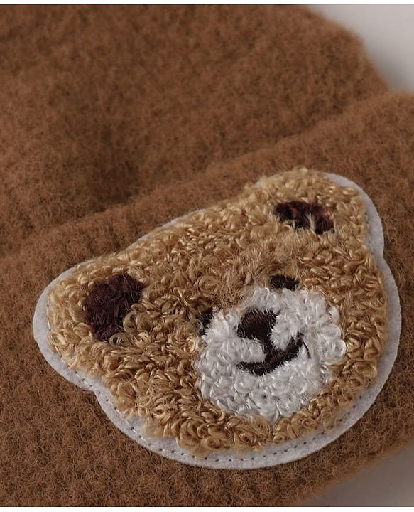 Babyhug Knit Solid Woollen Cap with Bear Embroidered Applique Light Brown - Diameter 15 cm