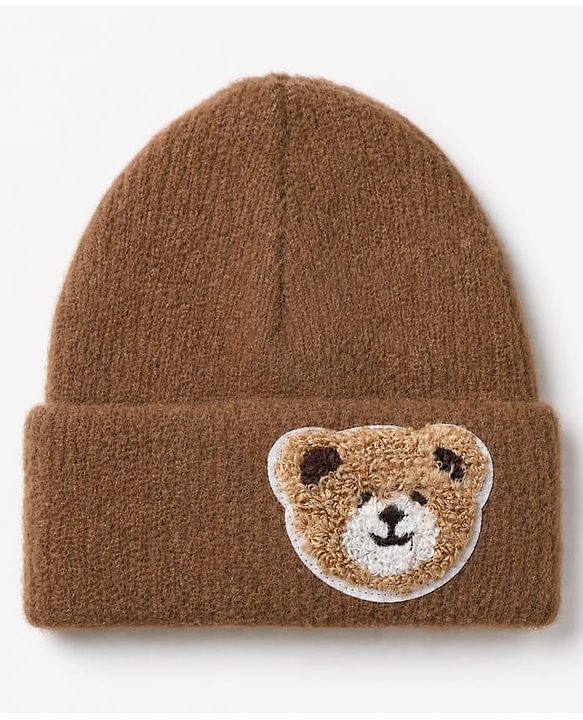 Babyhug Knit Solid Woollen Cap with Bear Embroidered Applique Light Brown - Diameter 15 cm