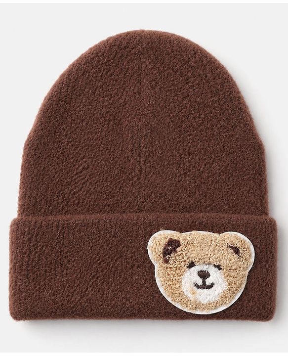 Babyhug Knit Solid Woollen Cap with Bear Embroidered Applique Brown - Diameter 15 cm