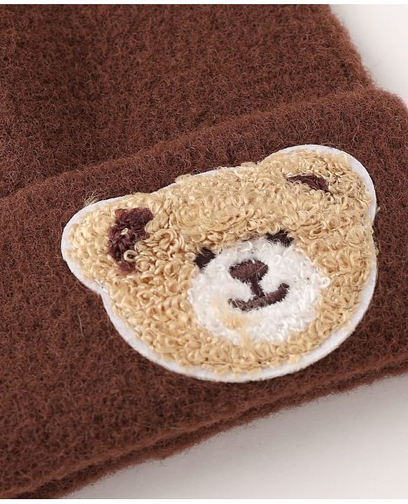 Babyhug Knit Solid Woollen Cap with Bear Embroidered Applique Brown - Diameter 15 cm