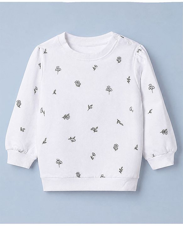 Babyhug 100% Cotton Terry Knit Sweatshirt with Full Sleeves and Floral Print in White