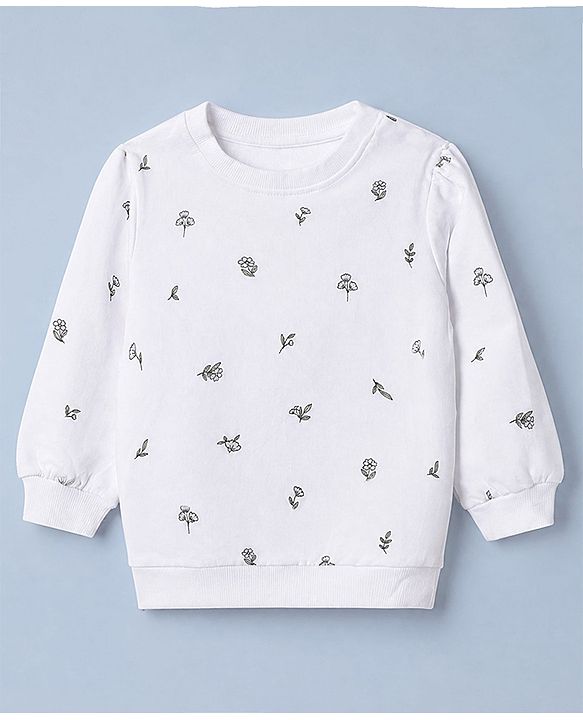 Babyhug 100% Cotton Terry Knit Sweatshirt with Full Sleeves and Floral Print in White