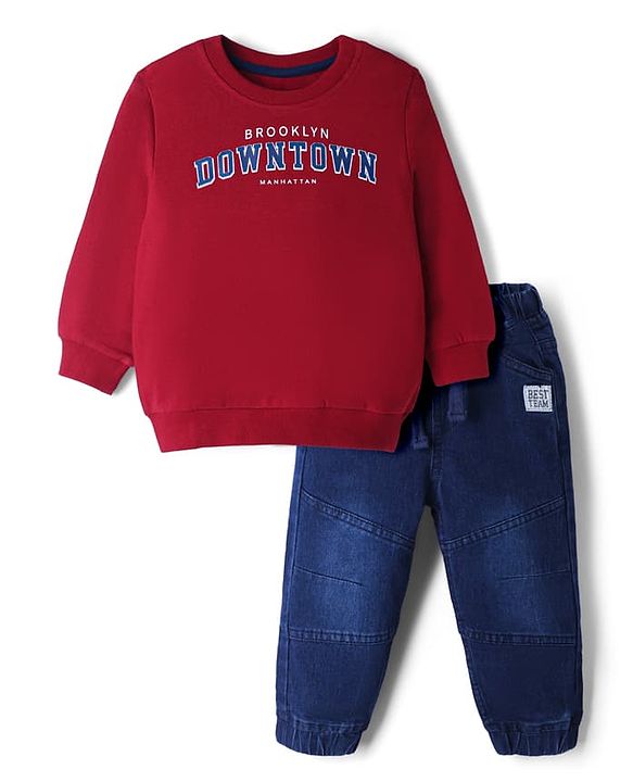 Babyhug Single Jersey Knit Full Sleeves T-Shirt With Text Print & Joggers Set - Red & Blue