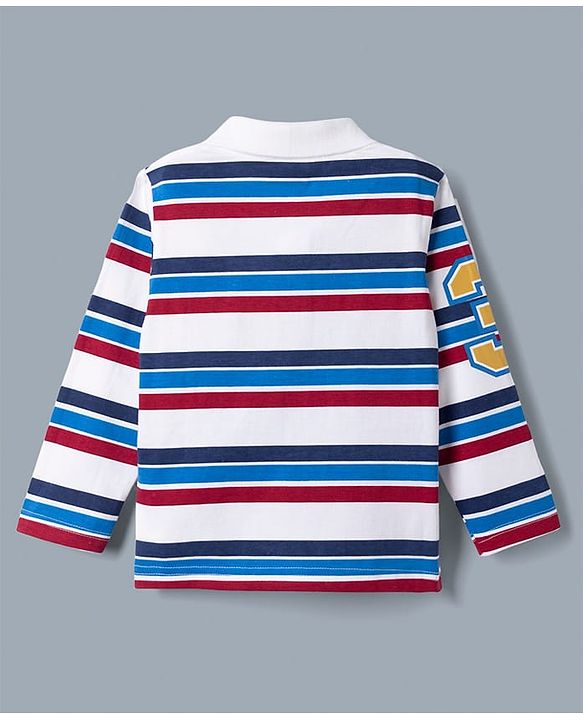 Babyhug Single Jersey Knit Full Sleeves Striped T-Shirt & Jeans Set With Varsity Print - White & Blue