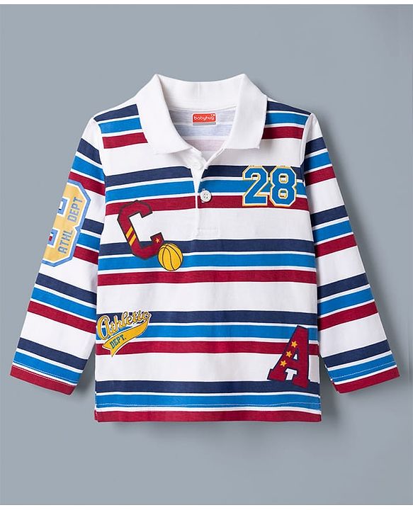 Babyhug Single Jersey Knit Full Sleeves Striped T-Shirt & Jeans Set With Varsity Print - White & Blue