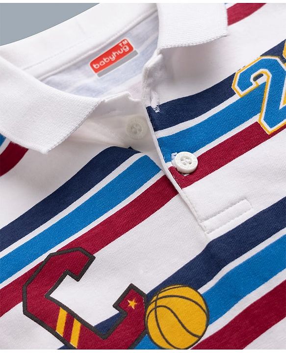 Babyhug Single Jersey Knit Full Sleeves Striped T-Shirt & Jeans Set With Varsity Print - White & Blue