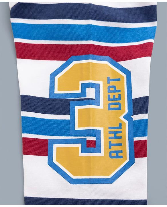 Babyhug Single Jersey Knit Full Sleeves Striped T-Shirt & Jeans Set With Varsity Print - White & Blue