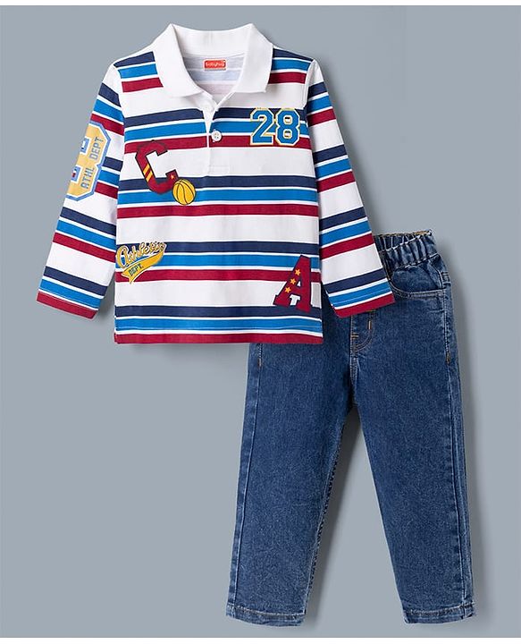 Babyhug Single Jersey Knit Full Sleeves Striped T-Shirt & Jeans Set With Varsity Print - White & Blue