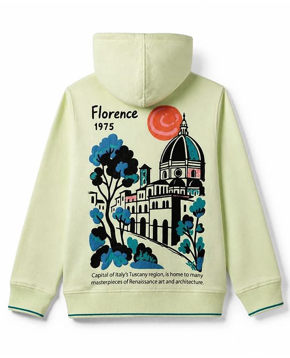 Pine Kids 100% Cotton Knit Hooded Sweatjacket with Full Sleeves and Cathedral Print in Light Green