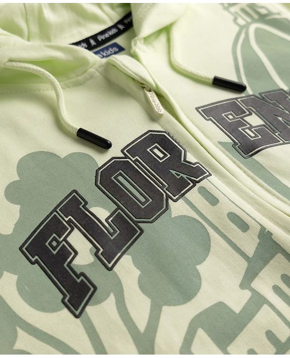 Pine Kids 100% Cotton Knit Hooded Sweatjacket with Full Sleeves and Cathedral Print in Light Green