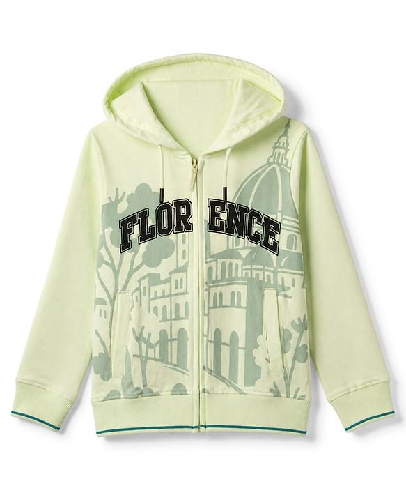 Pine Kids 100% Cotton Knit Hooded Sweatjacket with Full Sleeves and Cathedral Print in Light Green