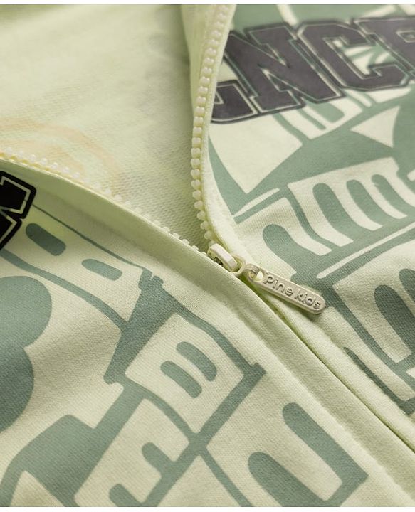 Pine Kids 100% Cotton Knit Hooded Sweatjacket with Full Sleeves and Cathedral Print in Light Green