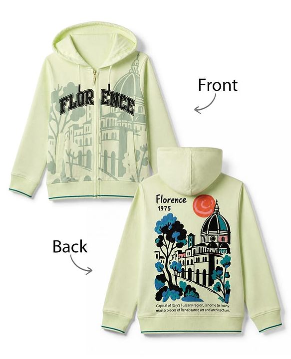 Pine Kids 100% Cotton Knit Hooded Sweatjacket with Full Sleeves and Cathedral Print in Light Green
