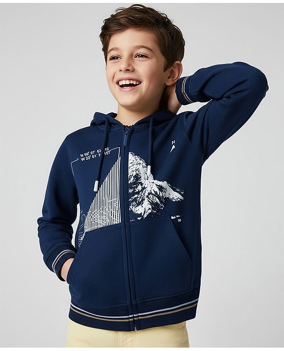 Pine Kids Cotton Knit Sweatshirt with Full Sleeves and Mountain Print in Navy Blue for 4-5 Years