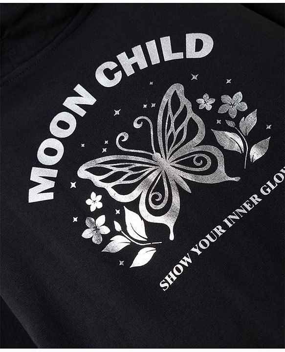 Pine Kids 100% Cotton Knit Full Sleeves Hooded Sweatshirt With Butterfly Print - Black