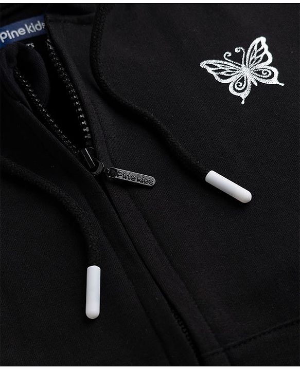 Pine Kids 100% Cotton Knit Full Sleeves Hooded Sweatshirt With Butterfly Print - Black