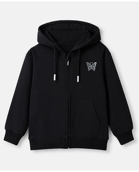 Pine Kids 100% Cotton Knit Full Sleeves Hooded Sweatshirt With Butterfly Print - Black