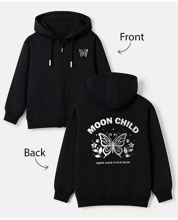 Pine Kids 100% Cotton Knit Full Sleeves Hooded Sweatshirt With Butterfly Print - Black