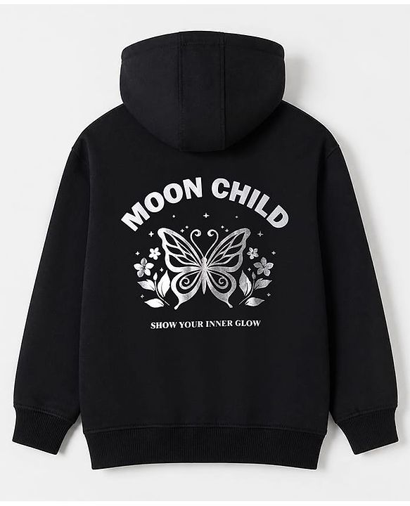 Pine Kids 100% Cotton Knit Full Sleeves Hooded Sweatshirt With Butterfly Print - Black