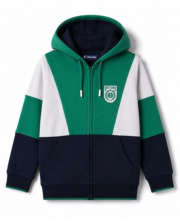 Pine Kids Cotton Knit Sweatshirt with Full Sleeves and Emblem Embroidery - Navy Blue