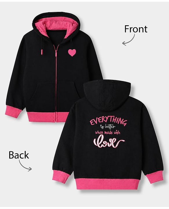 Pine Kids 100% Cotton Knit Full Sleeves Hooded Sweatshirt With Heart Print - Black