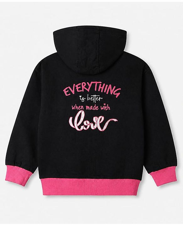 Pine Kids 100% Cotton Knit Full Sleeves Hooded Sweatshirt With Heart Print - Black
