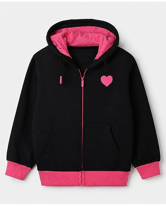 Pine Kids 100% Cotton Knit Full Sleeves Hooded Sweatshirt With Heart Print - Black