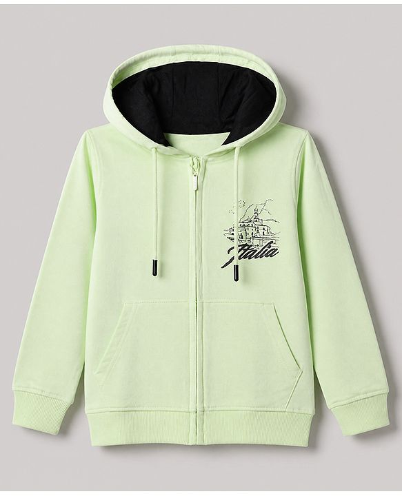 Pine Kids 100% Cotton Knit Full Sleeves and Landscape Print Hooded Sweatshirts in Light Green