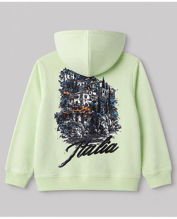 Pine Kids 100% Cotton Knit Full Sleeves and Landscape Print Hooded Sweatshirts in Light Green