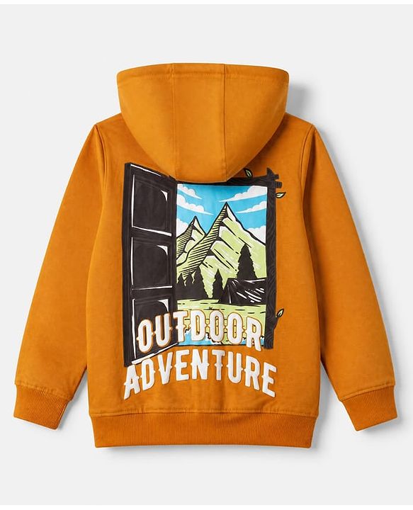 Pine Kids 100% Cotton Knit Hooded SweatJacket with Full Sleeves and Landscape Print in Mustard