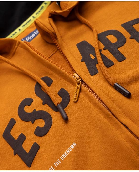 Pine Kids 100% Cotton Knit Hooded SweatJacket with Full Sleeves and Landscape Print in Mustard
