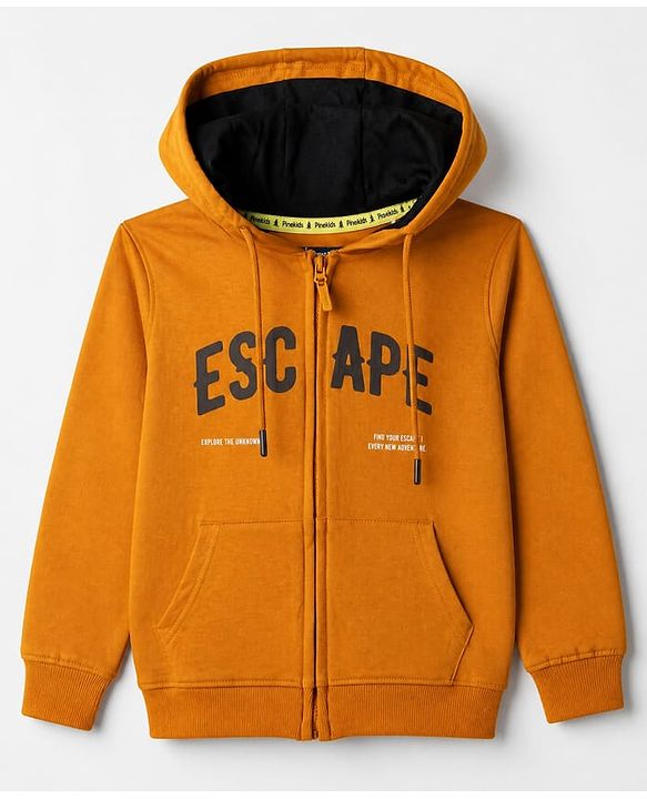 Pine Kids 100% Cotton Knit Hooded SweatJacket with Full Sleeves and Landscape Print in Mustard