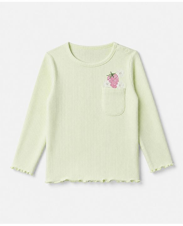 Babyhug 100% Cotton Ribbed Knit Full Sleeves Winter T-Shirt with Strawberry Embroidery & Pocket - Light Green