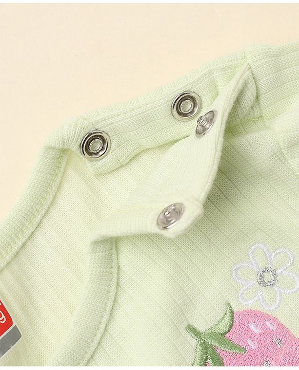Babyhug 100% Cotton Ribbed Knit Full Sleeves Winter T-Shirt with Strawberry Embroidery & Pocket - Light Green