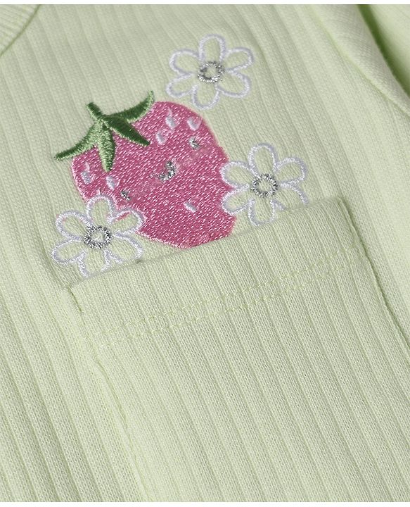 Babyhug 100% Cotton Ribbed Knit Full Sleeves Winter T-Shirt with Strawberry Embroidery & Pocket - Light Green