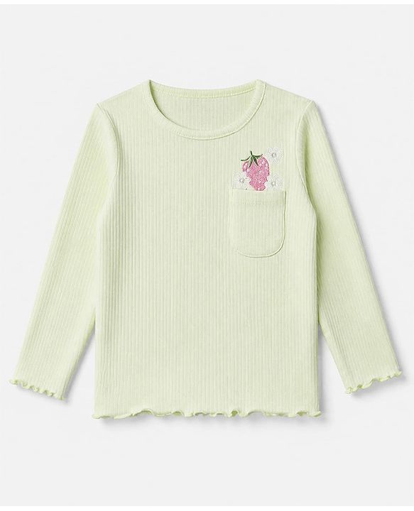 Babyhug 100% Cotton Ribbed Knit Full Sleeves Winter T-Shirt with Strawberry Embroidery & Pocket - Light Green