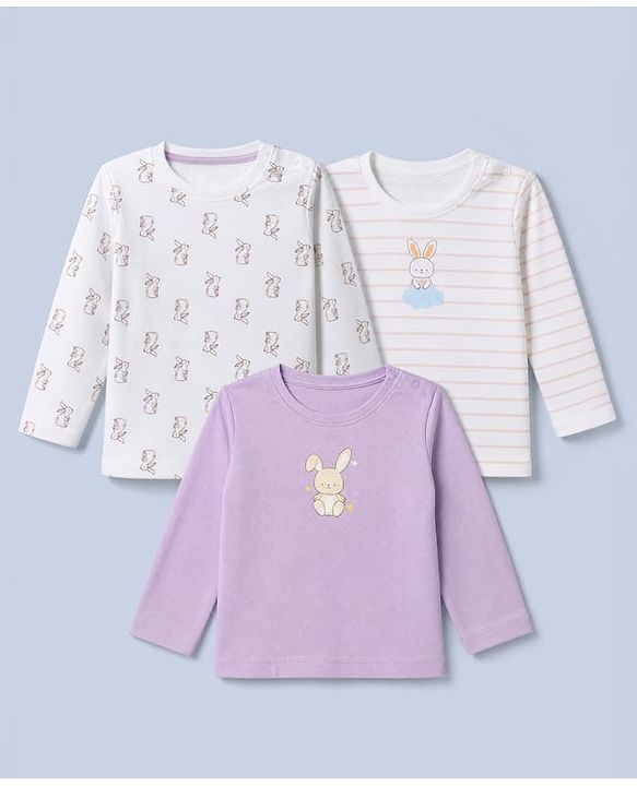 Babyhug 100% Cotton Interlock Knit T-Shirts with Full Sleeves and Rabbit Print in Purple & White Pack of 3
