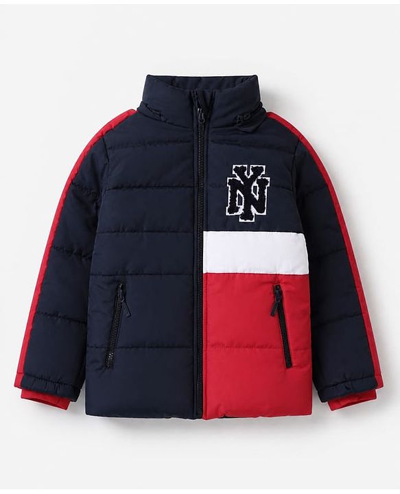 Babyhug Woven Full Sleeves Hooded Padded Winter Jacket With Text Embroidery - Navy Blue