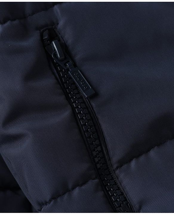 Babyhug Woven Full Sleeves Hooded Padded Winter Jacket With Text Embroidery - Navy Blue