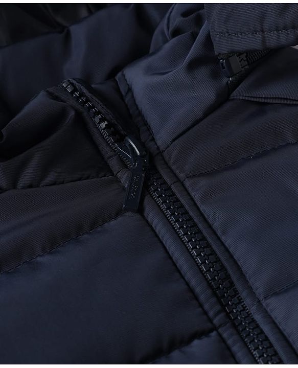 Babyhug Woven Full Sleeves Hooded Padded Winter Jacket With Text Embroidery - Navy Blue