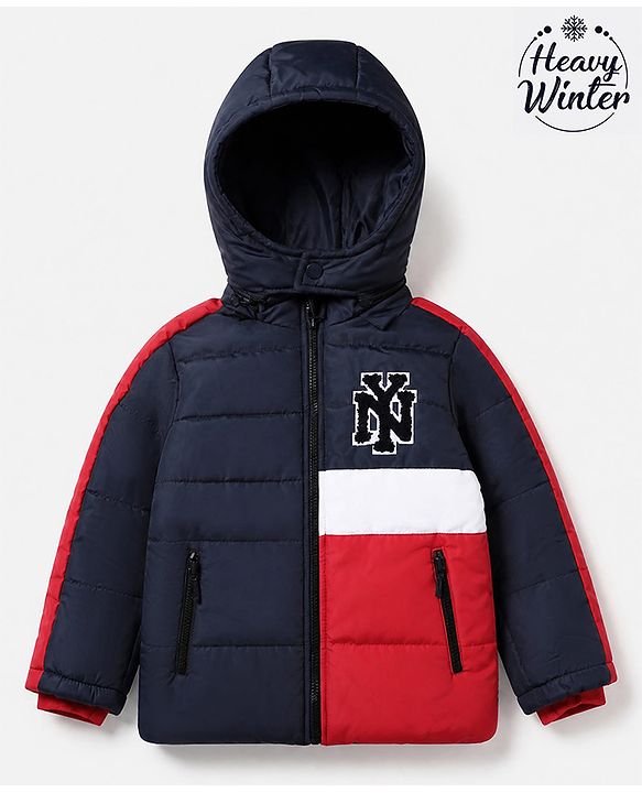 Babyhug Woven Full Sleeves Hooded Padded Winter Jacket With Text Embroidery - Navy Blue