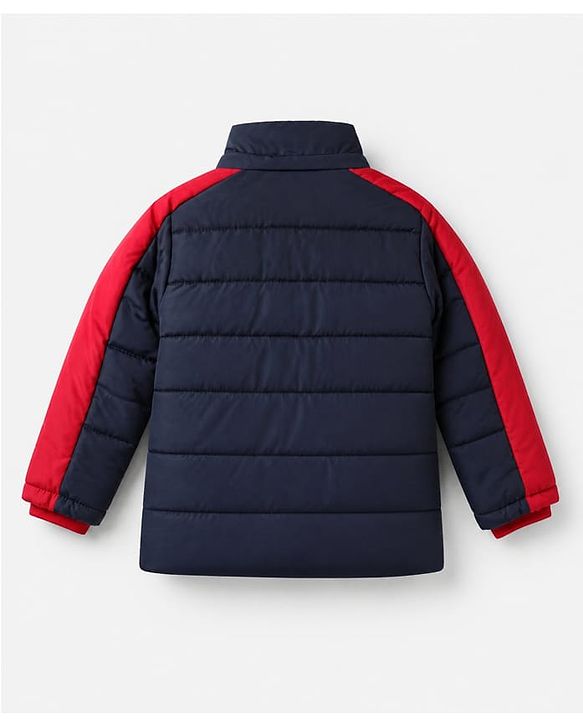 Babyhug Woven Full Sleeves Hooded Padded Winter Jacket With Text Embroidery - Navy Blue
