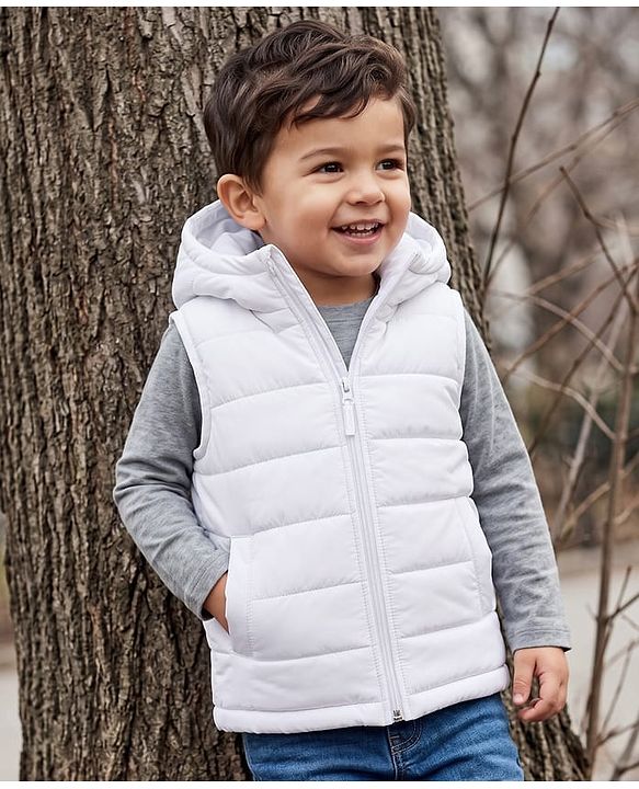 Babyhug Woven Padded Winter Jacket with Sleeveless and Front Zipper in White