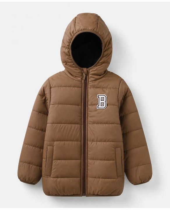 Babyhug Woven Full Sleeves Padded Hooded Winter Jacket with B Patch - Brown
