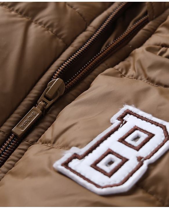 Babyhug Woven Full Sleeves Padded Hooded Winter Jacket with B Patch - Brown