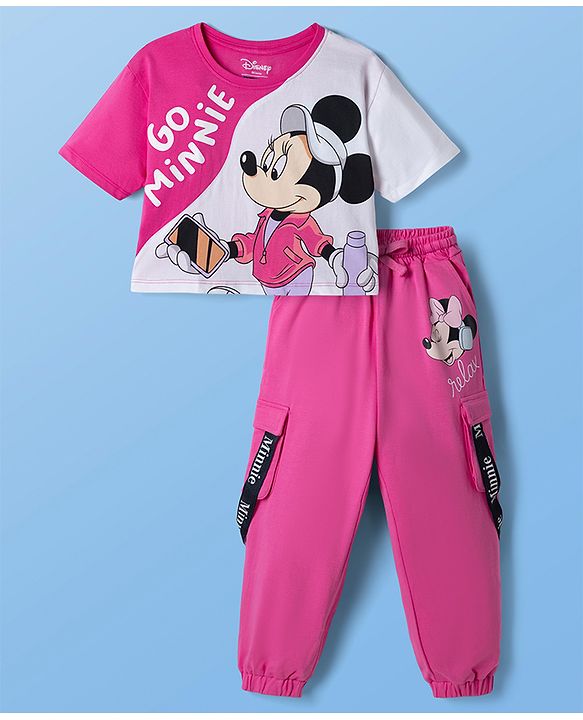 Pine Kids Disney 100% Cotton Single Jersey Knit Half Sleeves T-Shirt and Joggers with Full Length and Minnie Mouse Graphic in Pink