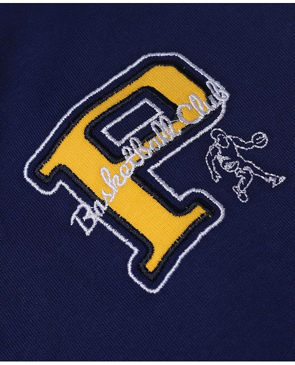 Pine Kids Cotton Knit Varsity Jacket with Full Sleeves and Basketball Club Print in Navy Blue for 4-5 Years