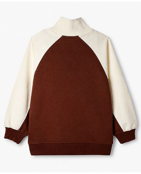 Pine Kids 100% Cotton Knit Sweatshirt with High Neck & Full Raglan Sleeves Front Zipper and Cool Beauty Print in Brown