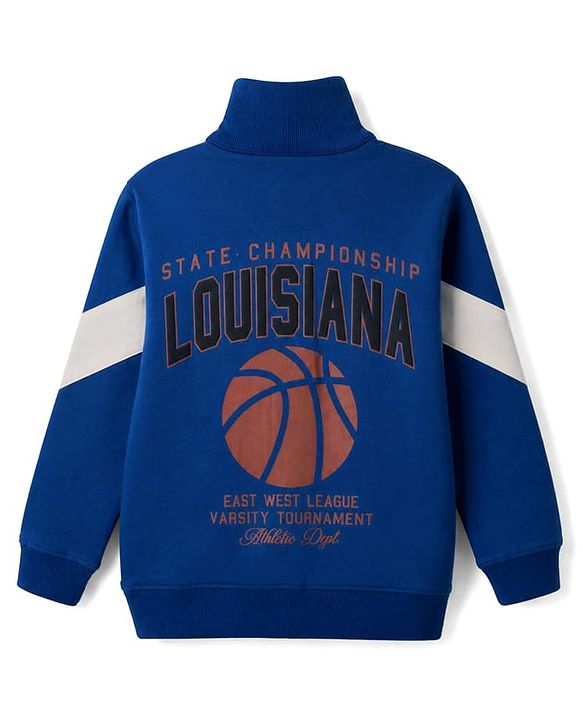 Pine Kids 100% Cotton Knit Full Sleeves Limoges Sweatshirt with Front Zipper and Basketball Patch in Navy Blue